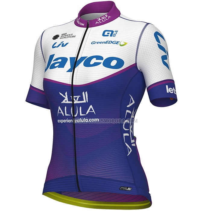 2023 Ropa Ciclismo Mujer Jayco Alula Violeta Blanco Mangas Cortas y Culotte Corto